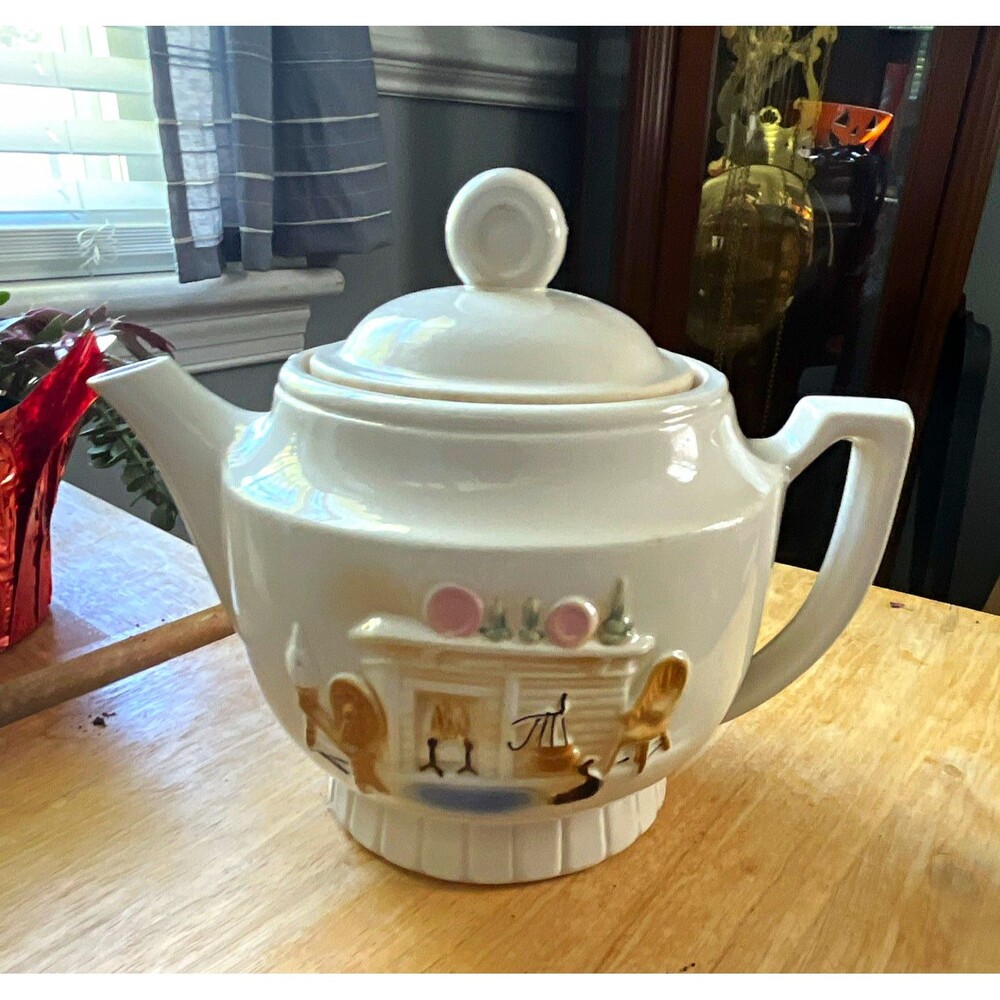 Porcelier Coffee Pot w/ Lid & Handle, Glossy China, White Pink Gold, USA